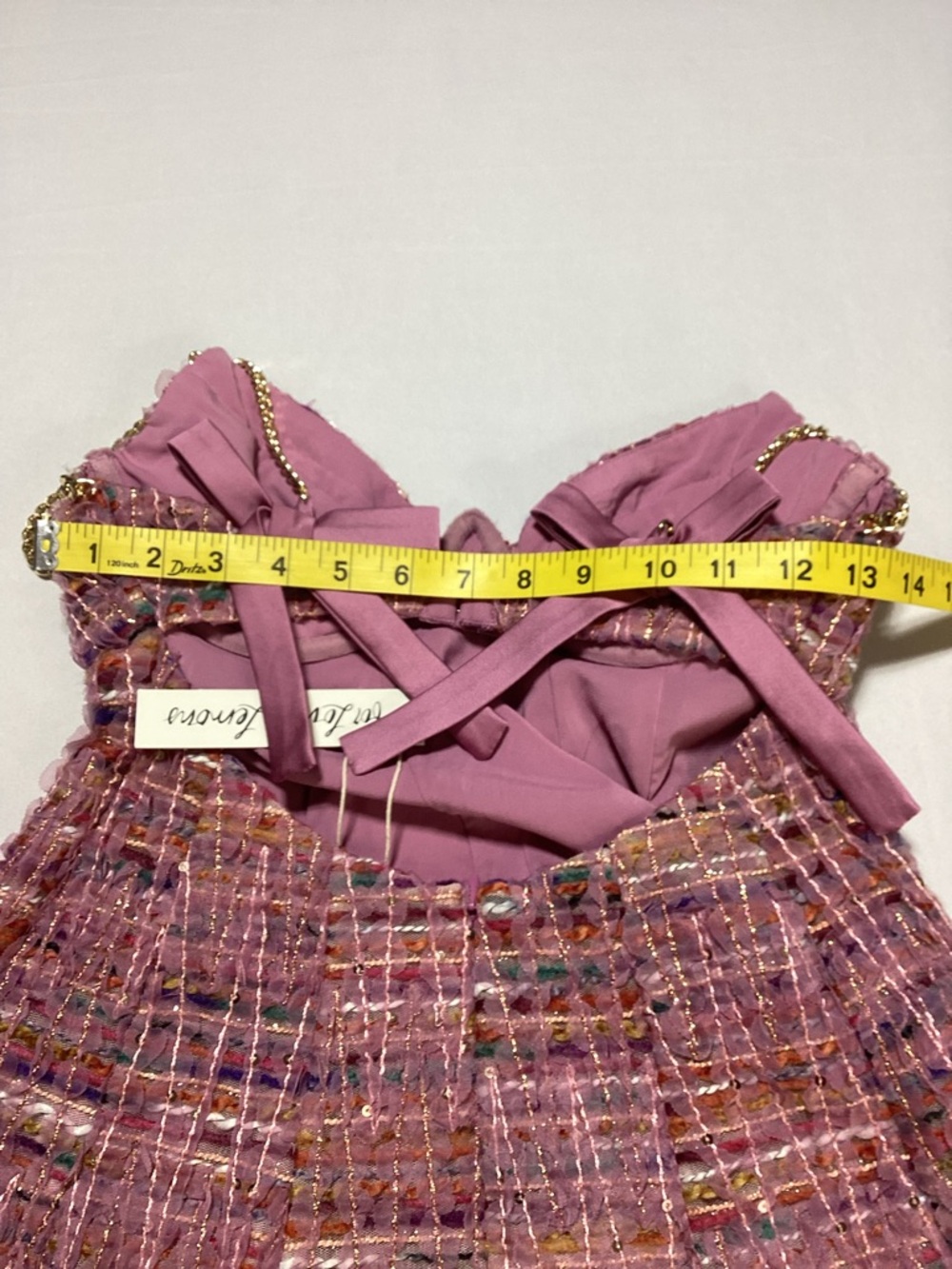 For Love & Lemons Celine Pink Tweed Mini Dress with Gold Chain Straps - Picture 13 of 14